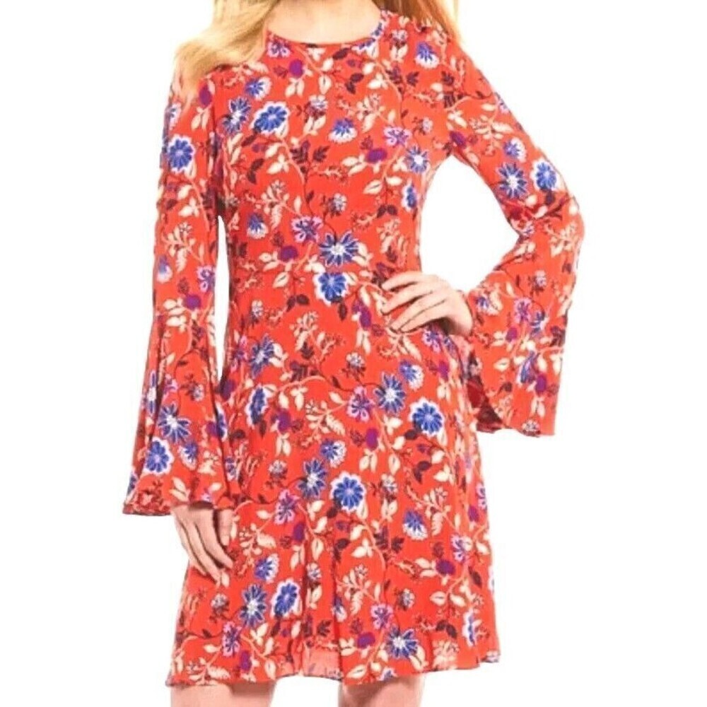 Donna Morgan Dress ASO Wendy Size 16 Red Poppy Comb Floral Print Bell Sleeve New - Picture 3 of 14